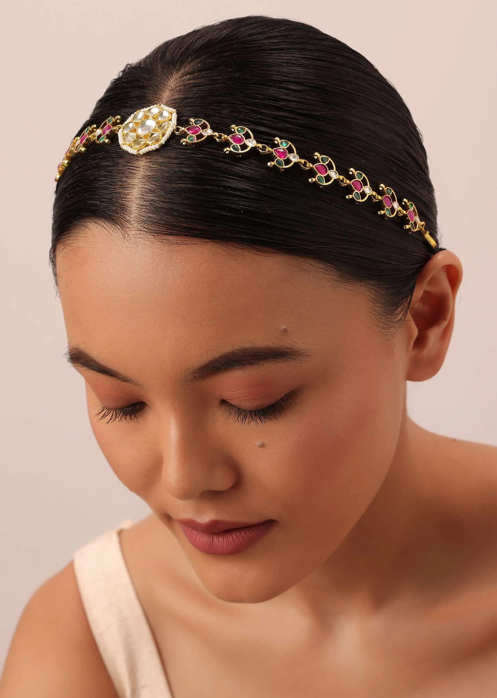 Gold Finish Kundan Mathapatti With Multicolor Floral Motif Stones
