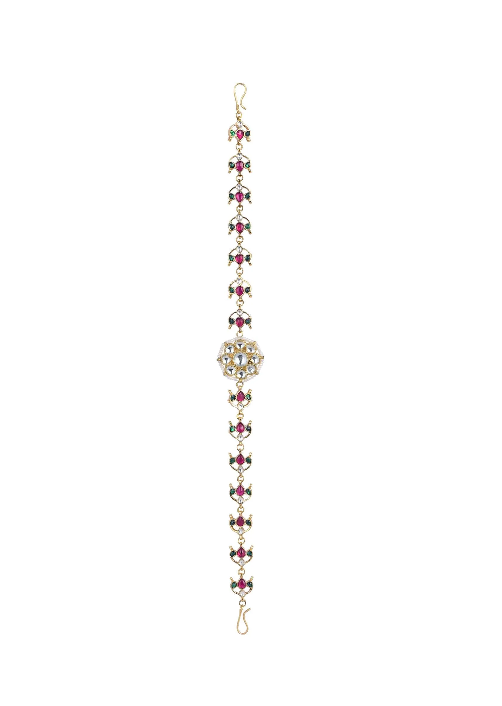 Gold Finish Kundan Mathapatti With Multicolor Floral Motif Stones