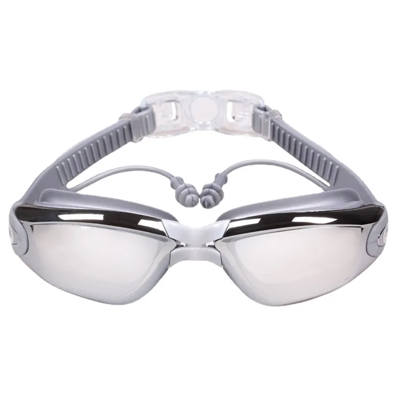 Swimming Goggles One-Piece Earplugs Waterproof Anti-Fog HD Myopia Adult Swimming Goggles Large Frame Electroplating Swimming Glasses