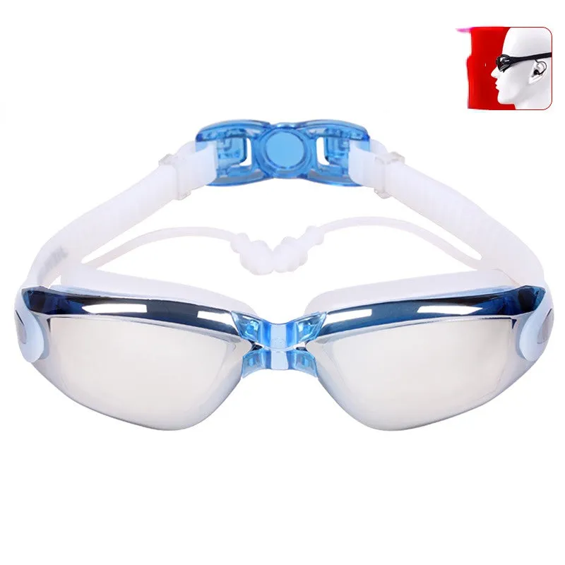 Swimming Goggles One-Piece Earplugs Waterproof Anti-Fog HD Myopia Adult Swimming Goggles Large Frame Electroplating Swimming Glasses